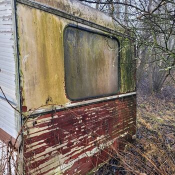 Der Wohnwagen ist im Wald geparkt,