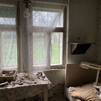 Abandoned farmhouses side by side.