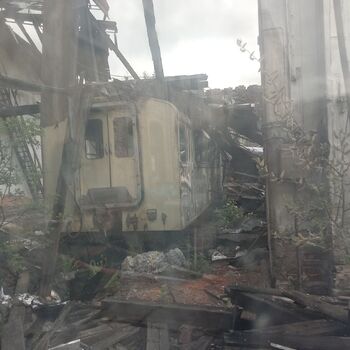 The depot with a collapsed roof and a slowly crumbling station building.2024 The depot with a collapsed roof and a slowly crumbling station building.2024